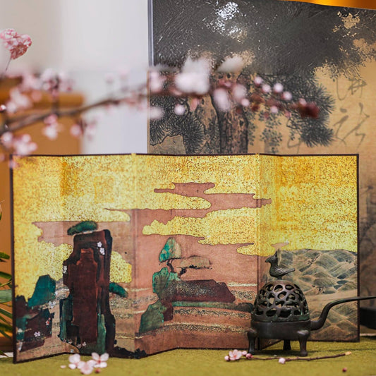 Rin Essense decorative folding divider screen with traditional Asian landscape art for home décor