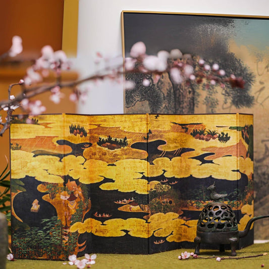 Rin Essense decorative folding divider screen with traditional Asian art design in warm yellow and black tones