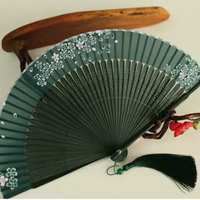 Rin Essense green hand folding fan with floral design and decorative tassel