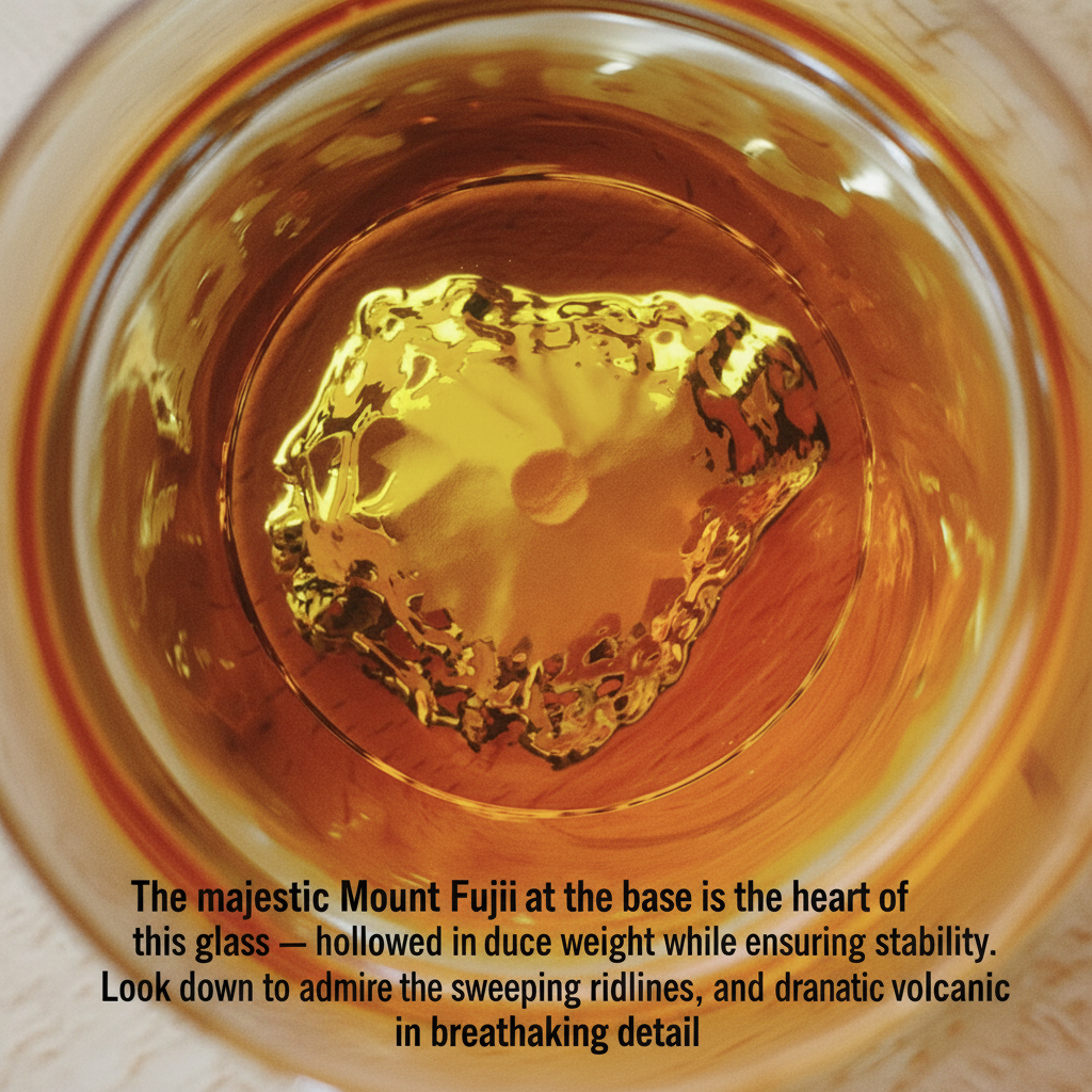 Aerial view of Mount Fuji relief at the base of the glass with amber liquid