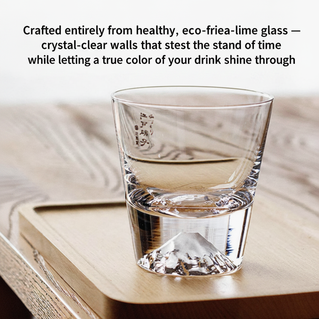 Fuji Reflection whisky glass on a wooden tray showing the full Mount Fuji base design
