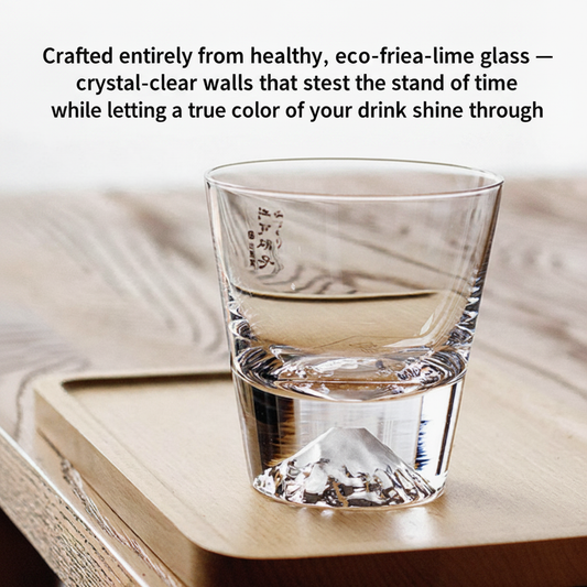 Fuji Reflection whisky glass on a wooden tray showing the full Mount Fuji base design