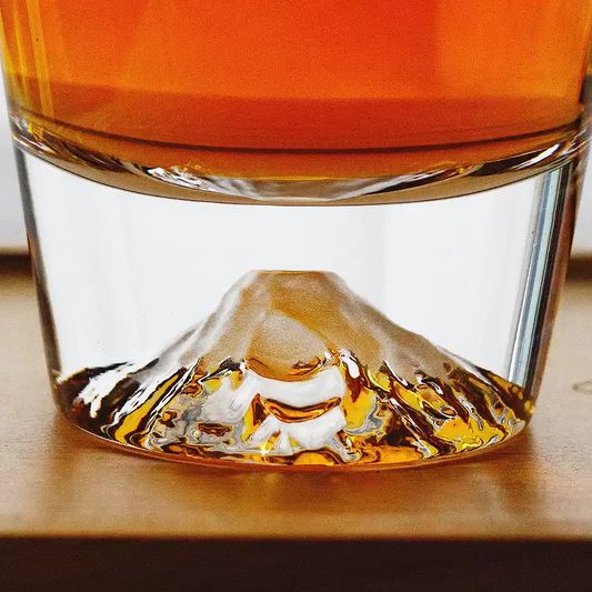 Handcrafted glass Japanese gift whiskey glass sake with a detailed Mount Fuji design inside