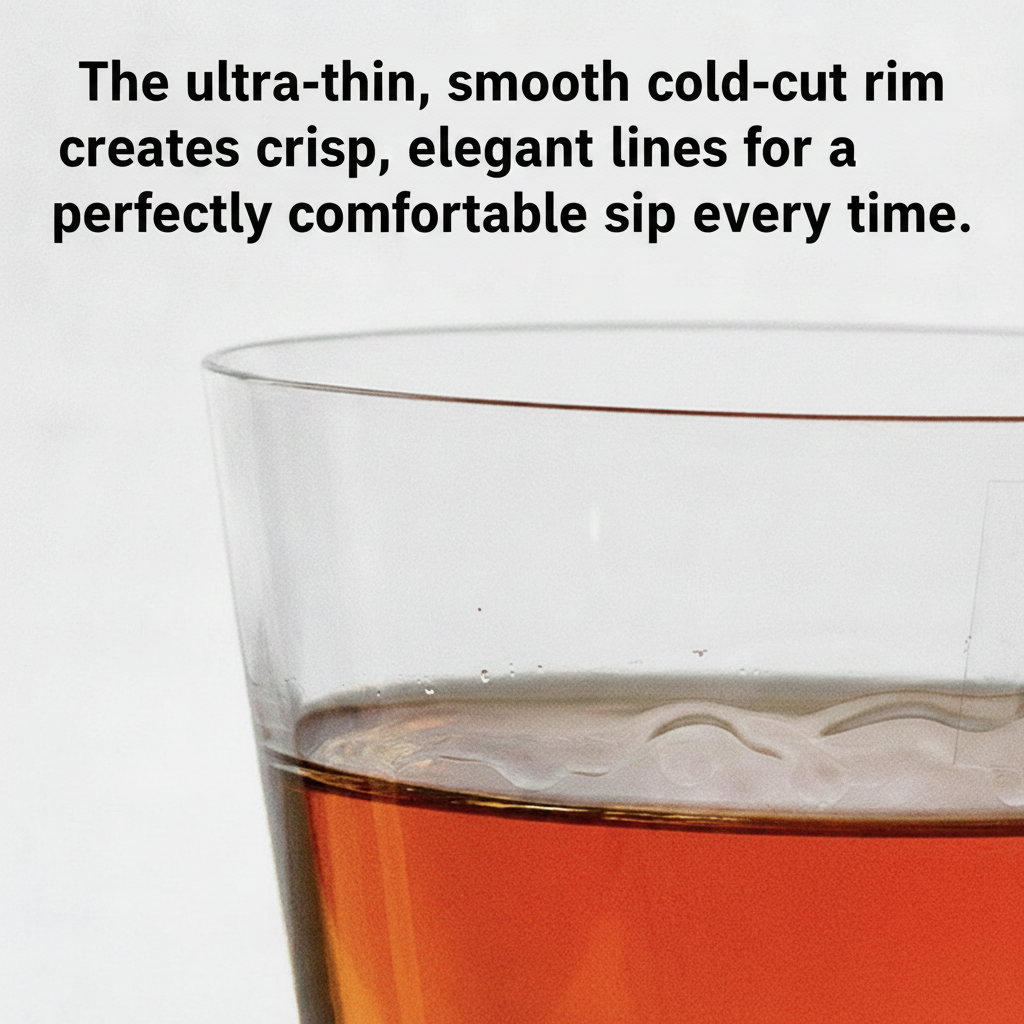 Ultra-thin cold-cut rim of the Fuji whisky glass filled with amber liquid
