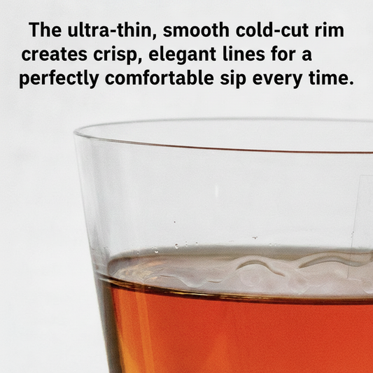 Ultra-thin cold-cut rim of the Fuji whisky glass filled with amber liquid
