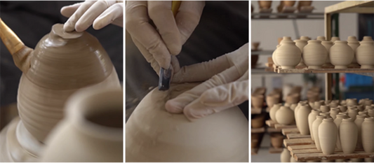 Handcrafted mini flower vase Japanese decor being shaped and finished by a potter at Rin Essense studio