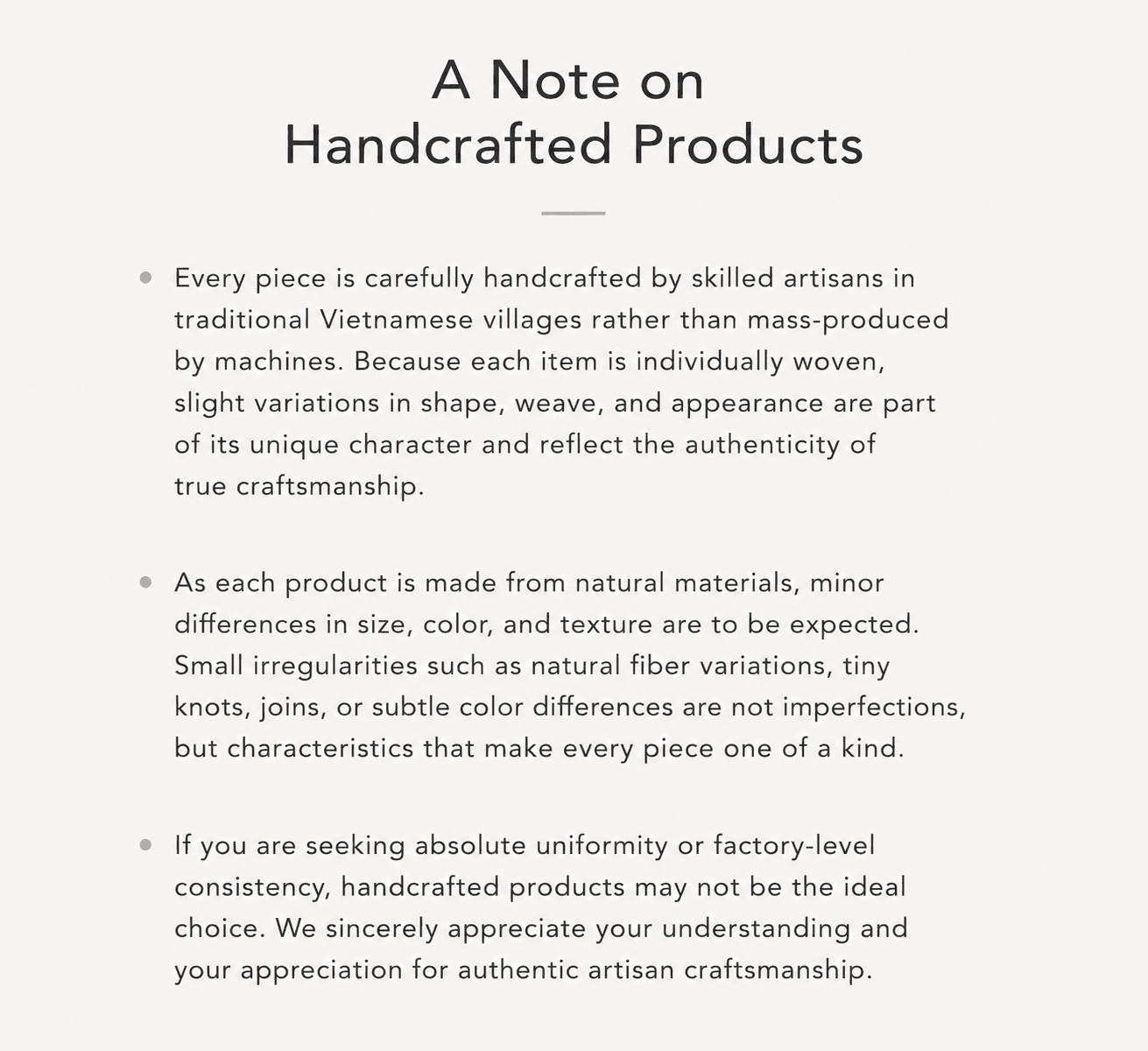 Note on handcrafted products by RIN ESSENCE explaining natural variations and authentic craftsmanship using mother of pearl nacre