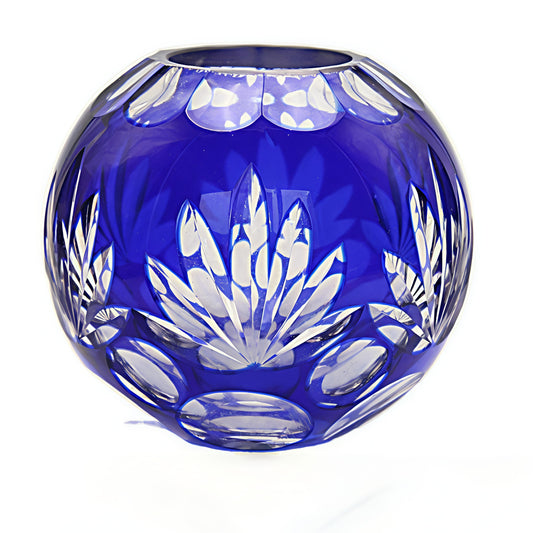 Japanese Edo Kiriko Glass Candle Holder – Round Ball Design with intricate blue and clear crystal patterns