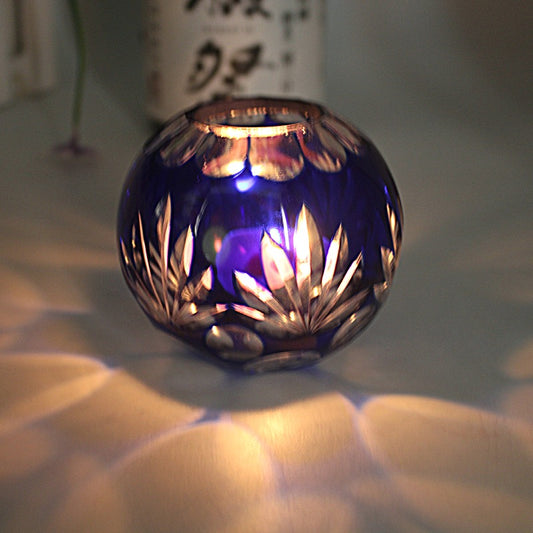 Japanese Edo Kiriko Glass Candle Holder – Round Ball Design in deep blue with intricate cut patterns