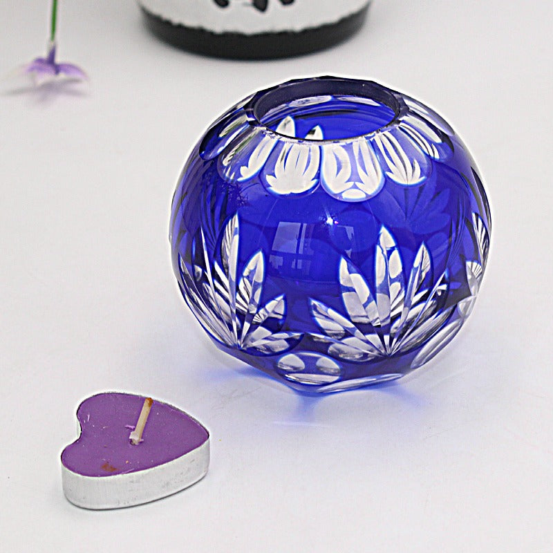 Rin Essense Japanese Edo Kiriko Glass Candle Holder – Round Ball Design in deep blue with intricate floral cut patterns