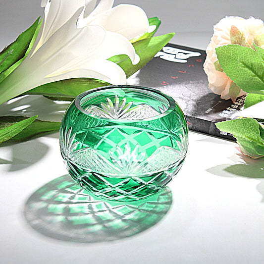 Japanese Edo Kiriko Glass Candle Holder – Round Ball Design in green with intricate cut patterns