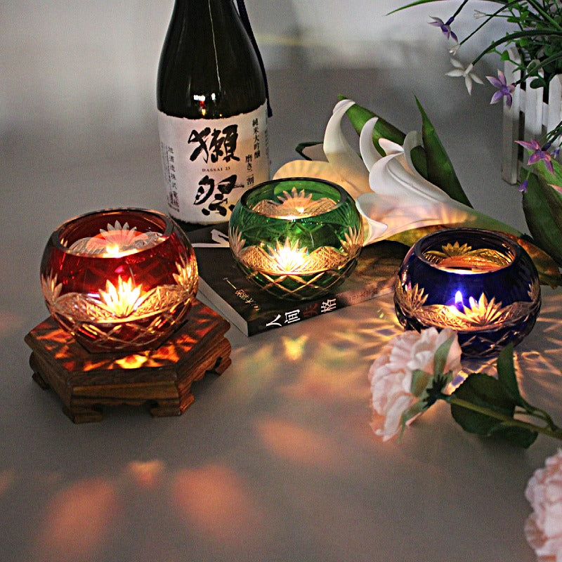 Japanese Edo Kiriko Glass Candle Holder – Round Ball Design in red green and blue with floral light patterns