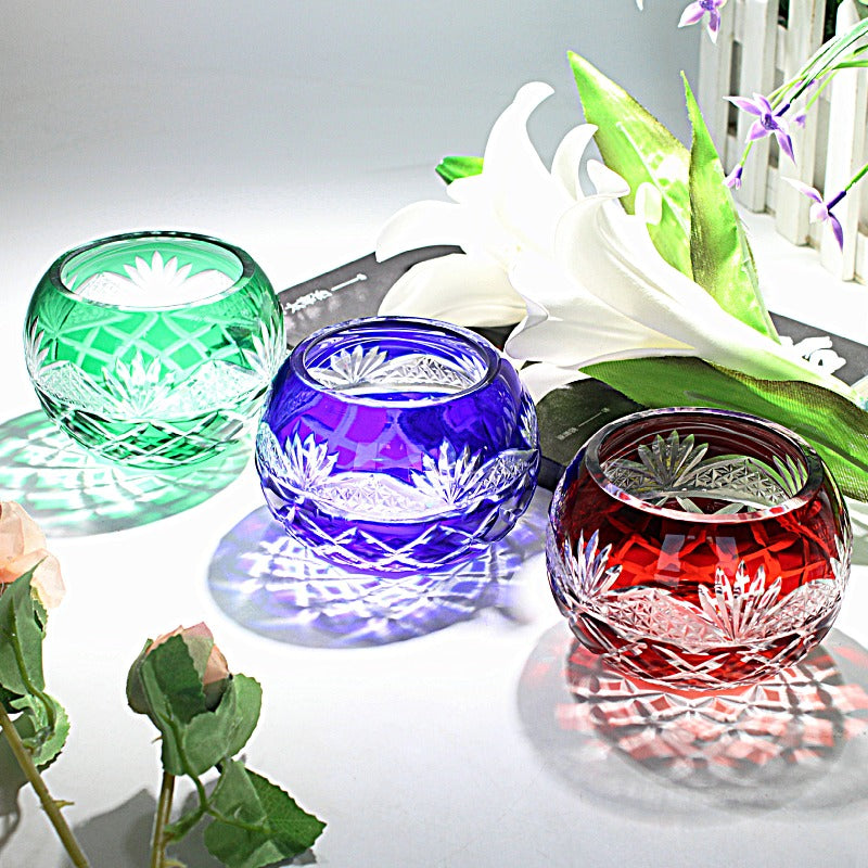 Japanese Edo Kiriko Glass Candle Holder – Round Ball Design in green blue and red crystal with floral patterns