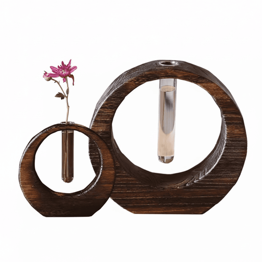 Rin Essense japanese vase set with circular dark wood frames and glass tubes for floral display