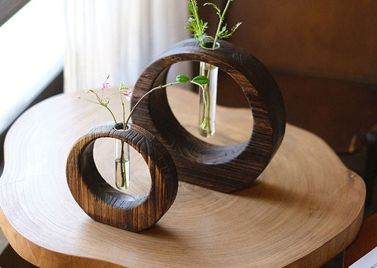 Rin Essense wooden home decor japanese vase set with round frames and glass tubes for flowers
