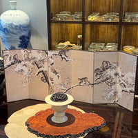 Rin Essense Japanese snow scene folding screen on lacquer table with pedestal incense bowl and vase