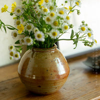 Mini flower vase Japanese decor with rustic ceramic finish holding white and yellow wildflowers