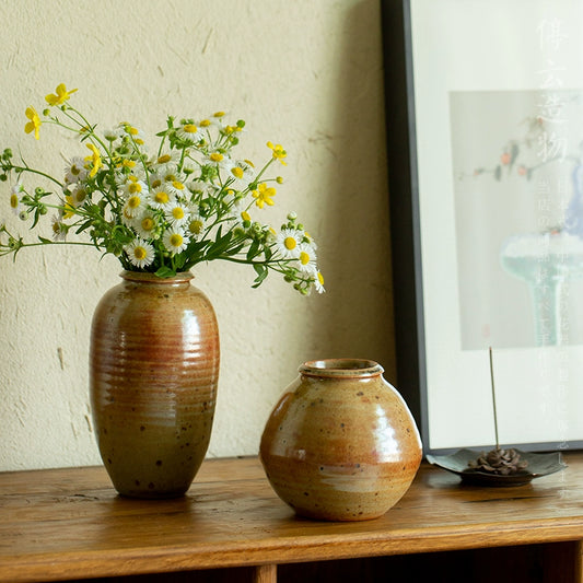 Rin Essense mini flower vase Japanese decor with yellow and white wildflowers on wooden surface