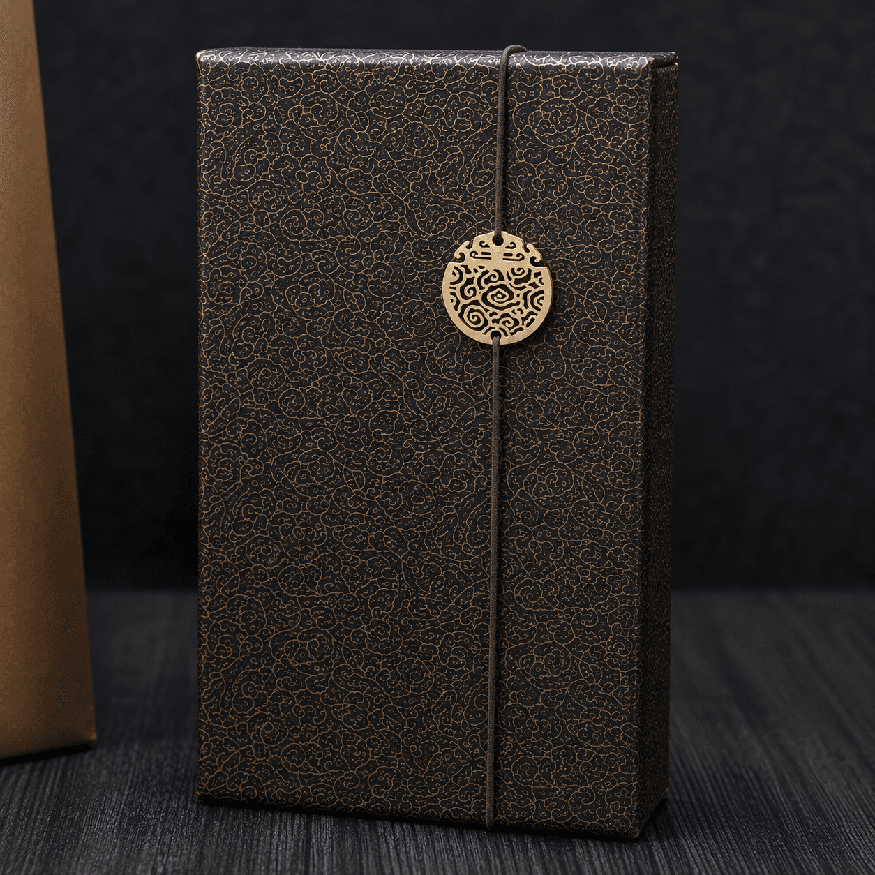 Rin Essense pendant jade stone wood art decorative box with intricate patterns and elastic band closure