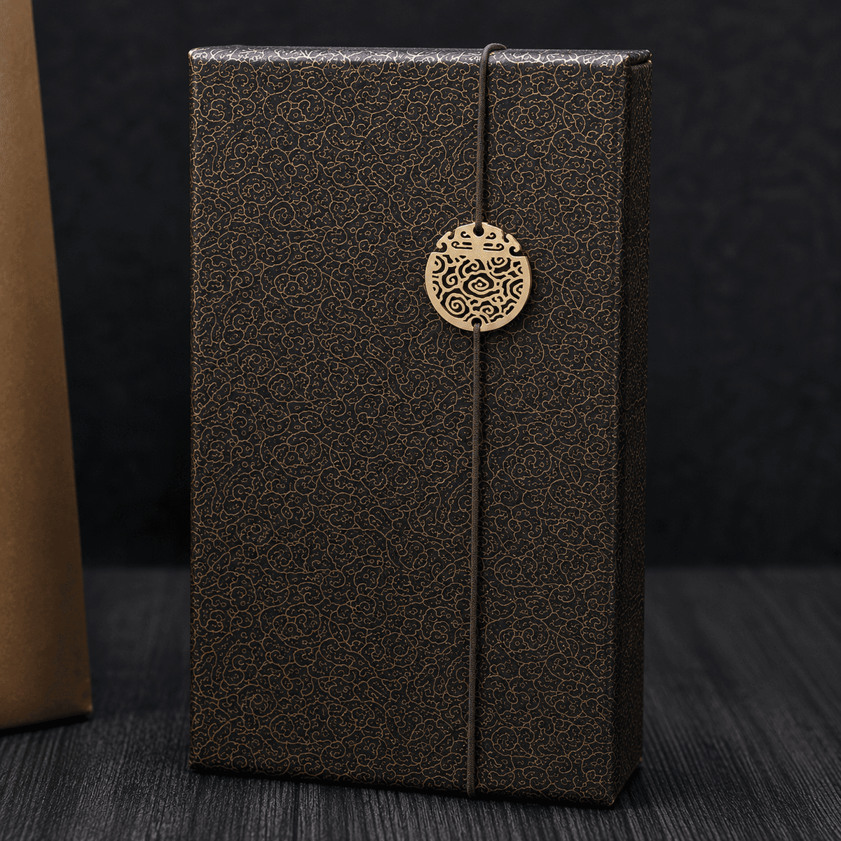 Rin Essense pendant jade stone wood art decorative box with intricate patterns and elastic band closure