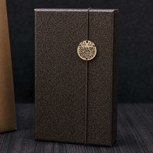Rin Essense pendant jade stone wood art decorative box with intricate patterns and elastic band closure