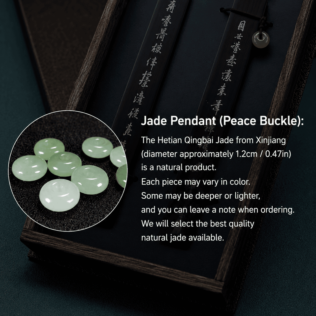Rin Essense pendant jade stone wood art featuring natural Hetian Qingbai jade in a wooden box