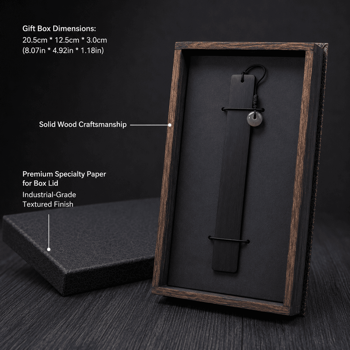 Rin Essense pendant jade stone wood art displayed in a solid wood gift box with textured specialty paper lid