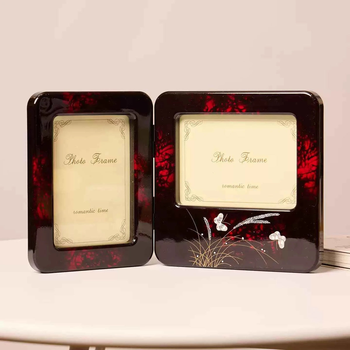Rin Essense photo frame set with dark red and black design featuring floral and butterfly accents