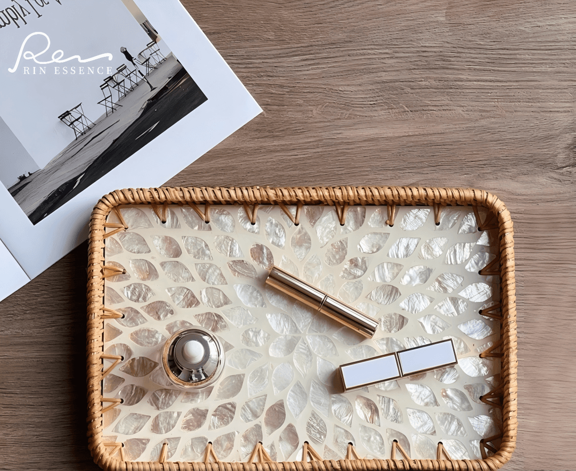 Hanoi Vietnamese Rattan Tray with Iridescent Mother of Pearl Inlay - Rin Essense 