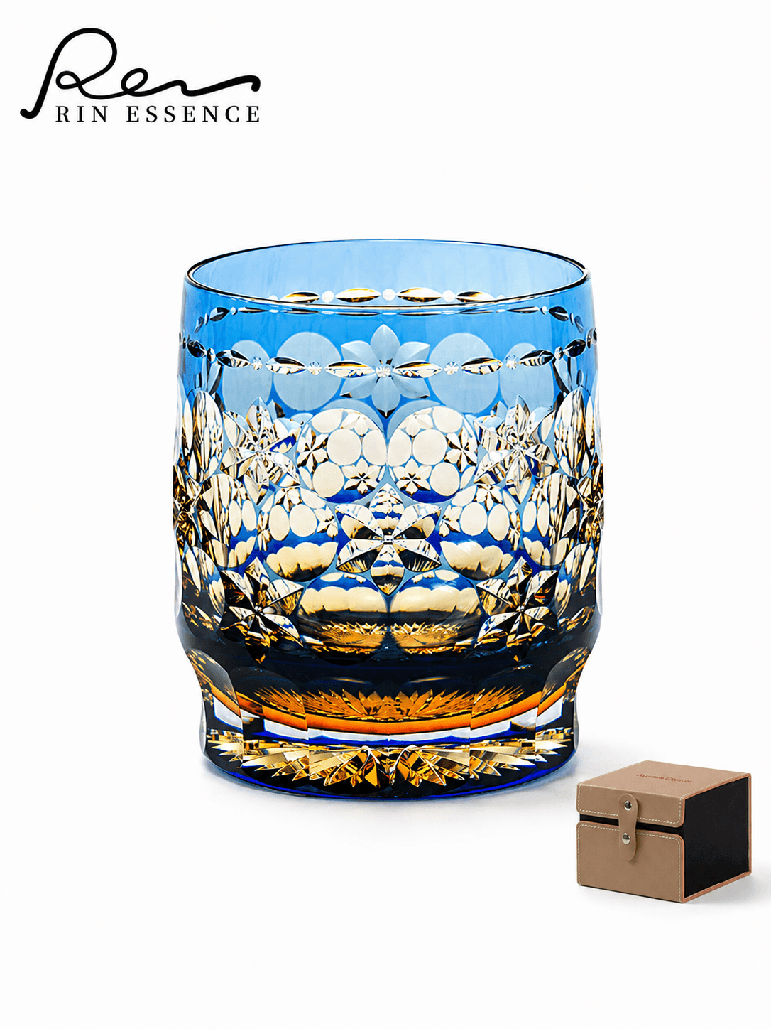 RIN ESSENCE glass whiskey with intricate blue and gold cut crystal design and included gift box