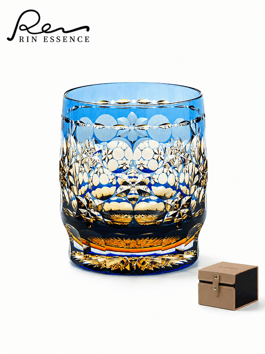 RIN ESSENCE glass whiskey with intricate blue and gold cut crystal design and included gift box