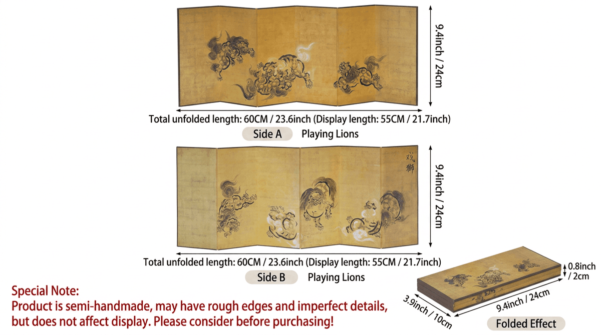 Rin Essense room divider folding screen with hand-painted playing lions design and semi-handmade wood panels
