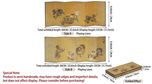 Rin Essense room divider folding screen with hand-painted playing lions design and semi-handmade wood panels