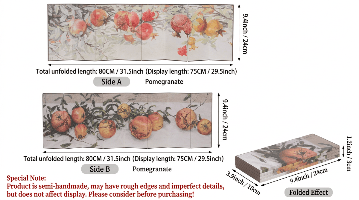 Rin Essense room divider folding screen with hand-painted pomegranate design and wooden folding panels
