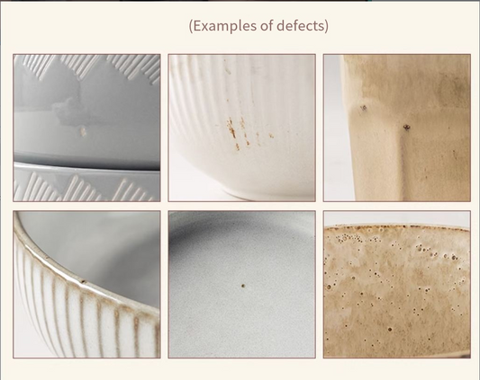 Japanese vintage ceramic cup close up collage showing glaze imperfections chips firing flaws and surface spots