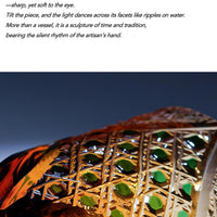 Close up of Rin Essense Satsuma Kiriko whiskey glass showing amber and green cut glass facets and craft details