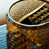 Rin Essense Satsuma Kiriko whiskey glass amber cut crystal tumbler with intricate hand cut starburst pattern