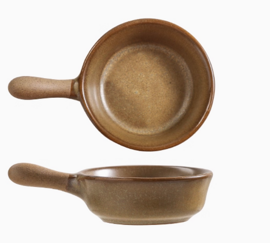 Rin Essense brown stoneware mini sauce dish with handle compact for dipping sauces and condiments