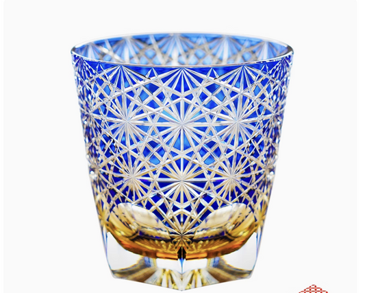 Rin Essense Edo Kiriko whisky glass blue cut crystal tumbler with intricate star pattern and amber whisky