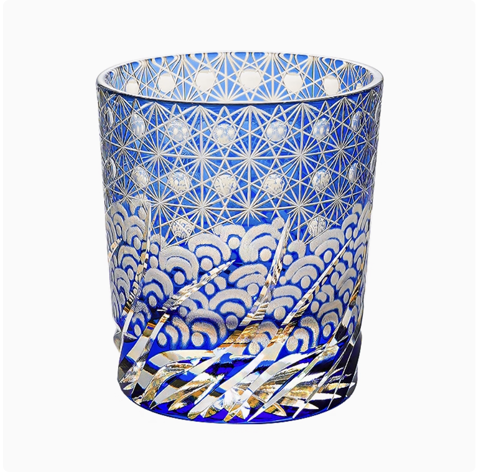 Rin Essense Edo Kiriko whisky glass in cobalt blue with intricate asanoha star and seigaiha wave cut patterns