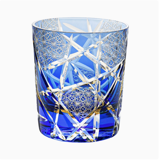 Edo Kiriko whisky glass blue cut crystal tumbler with intricate star and asanoha patterns by Rin Essense