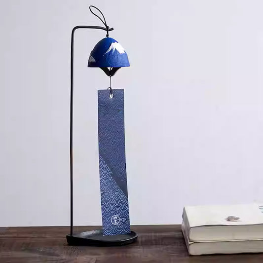 Rin Essense blue Japanese wind chime furin with Mount Fuji design on black metal stand