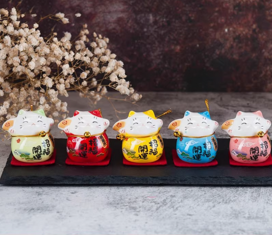 Rin Essense colorful maneki neko cat figurines set of five on slate with dried flowers daruma tumbling doll ornament