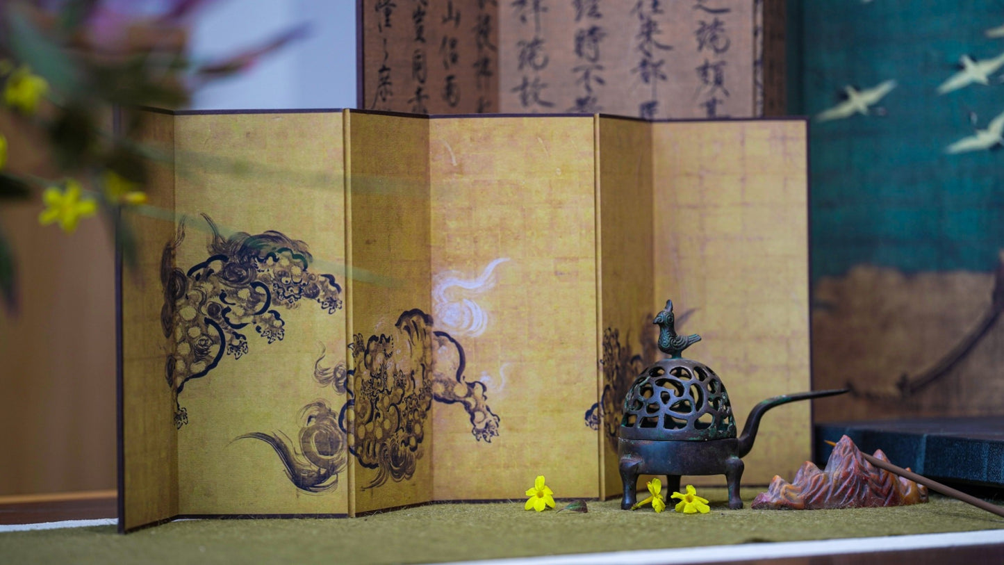 Rin Essense room divider folding screen with traditional Asian artistic design in yellow tones