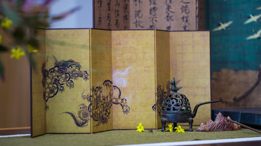 Rin Essense room divider folding screen with traditional Asian artistic design in yellow tones