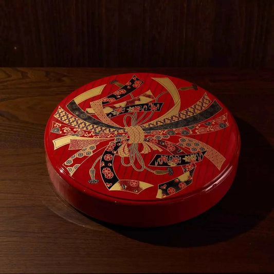 Rin Essense decorative red lacquer tray for serving with intricate gold and black traditional Japanese patterns