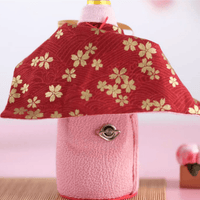 Rin Essense decorative doll wearing pink fabric and red gold floral cape unique Japanese home decor present