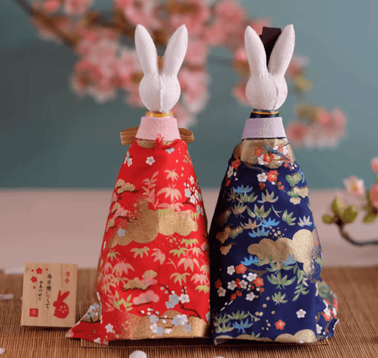 Unique Japanese home decor present featuring two fabric rabbit dolls in traditional kimonos with floral patterns