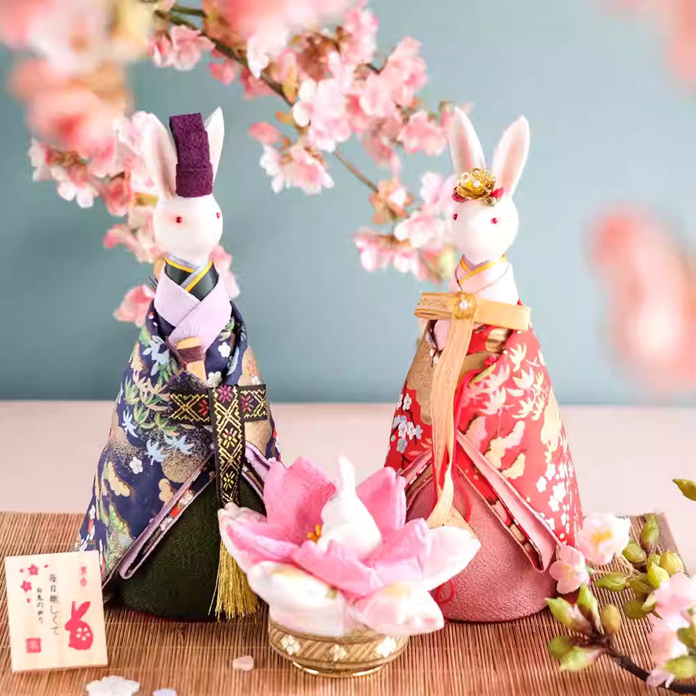 Unique Japanese home decor present featuring traditional rabbit dolls in kimono outfits with cherry blossoms