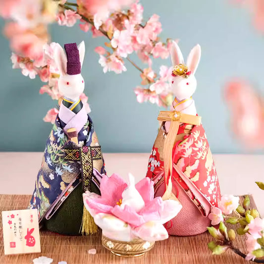 Unique Japanese home decor present featuring traditional rabbit dolls in kimono outfits with cherry blossoms